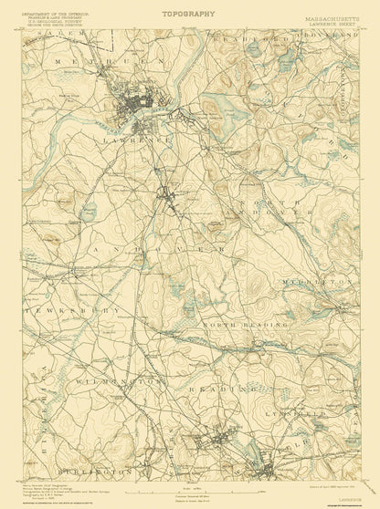 Topographical Map - Lawrence Massachusetts Sheet - USGS 1893 - 23 x 30.88 - Vintage Wall Art