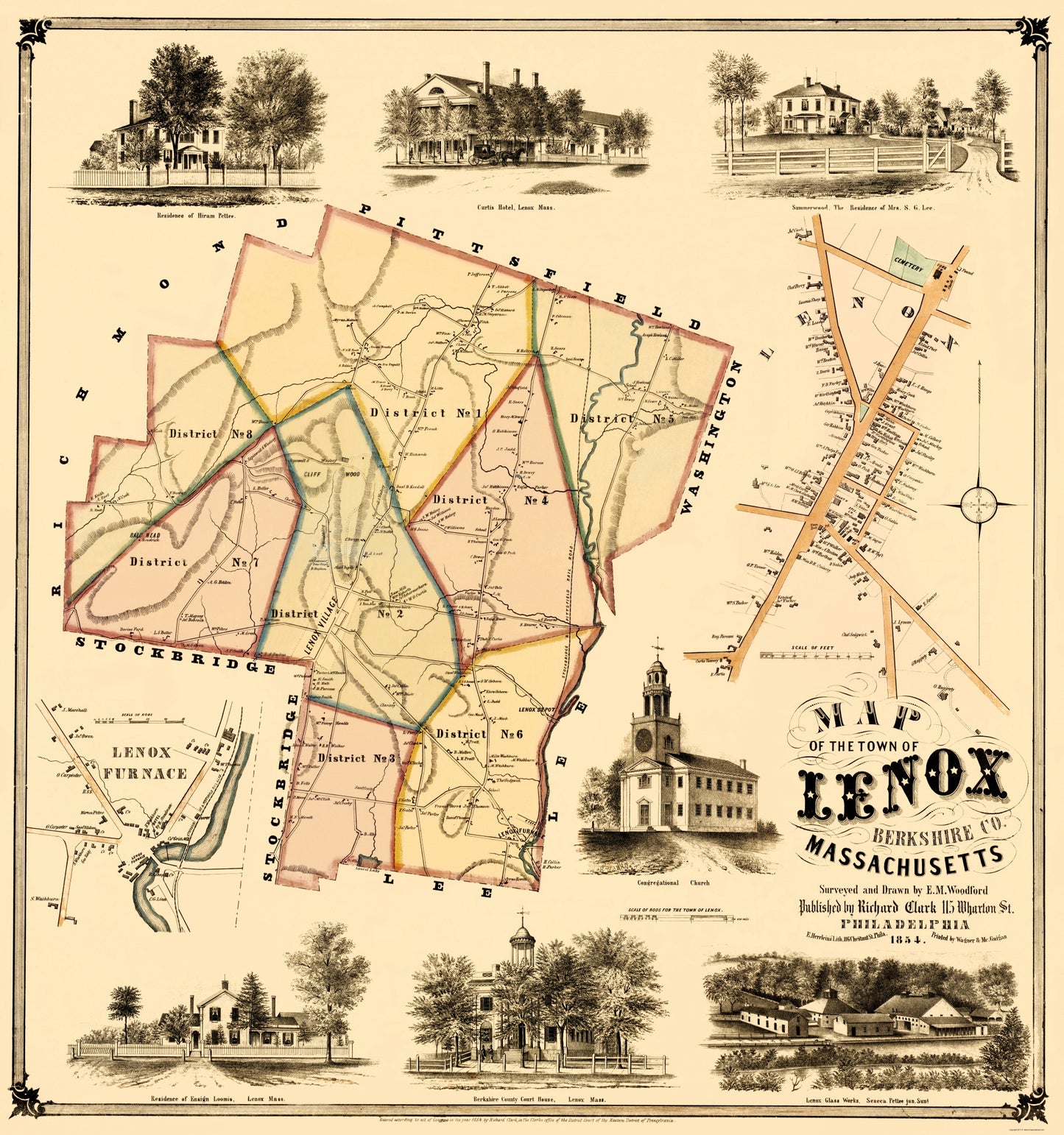 Historic City Map - Lenox Massachusetts - Herrleins 1854 - 23 x 24.54 - Vintage Wall Art