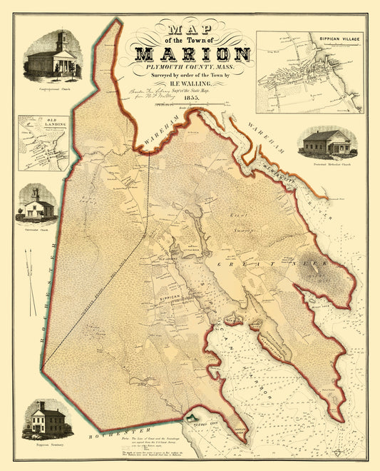 Historic City Map - Marion Massachusetts - Walling 1855 - 23 x 28.46 - Vintage Wall Art