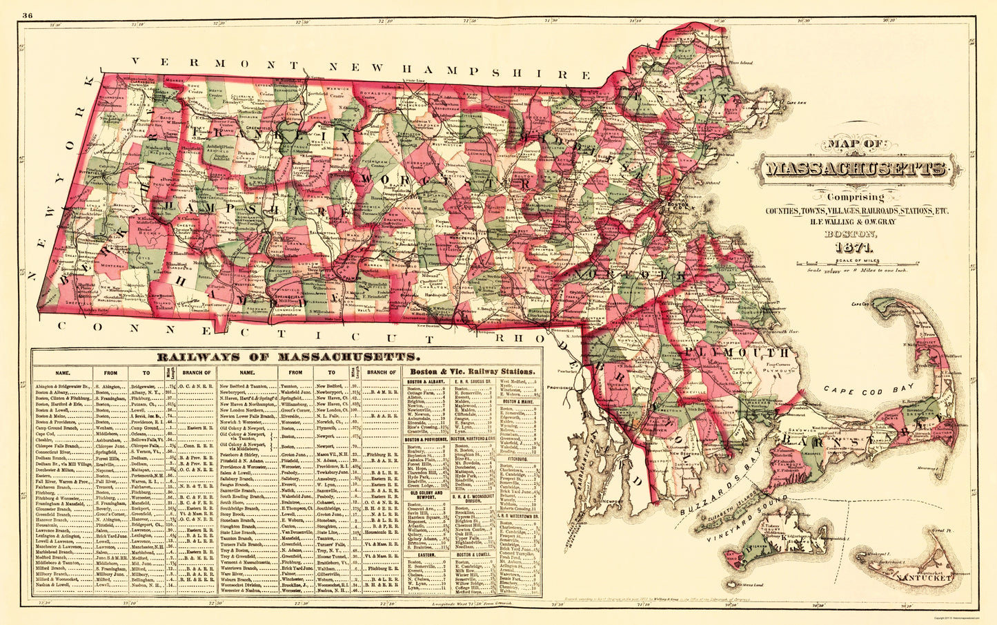 Historic State Map - Massachusetts - Walling and Gray 1871 - 23 x 36.71 - Vintage Wall Art