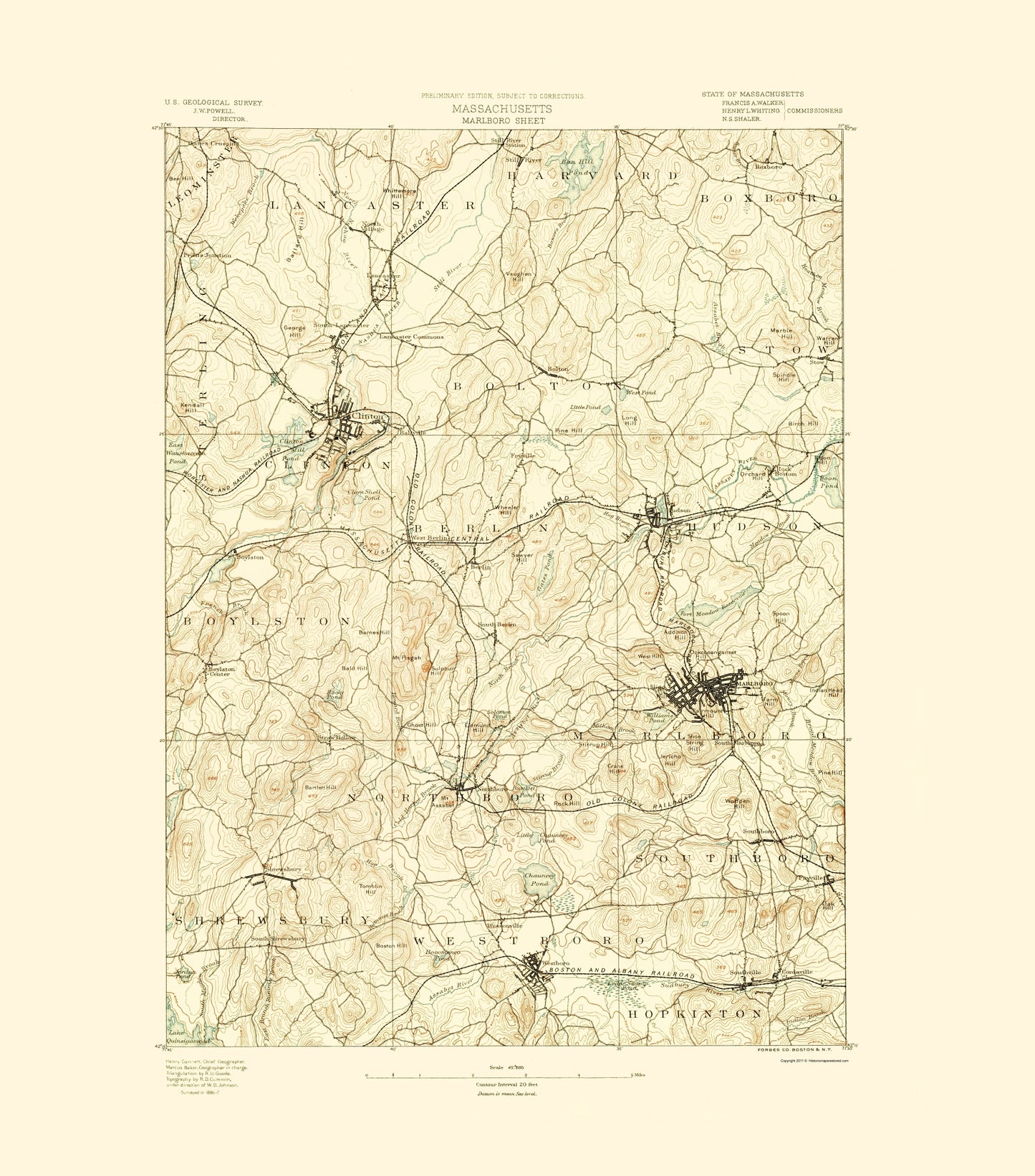 Topographical Map - Marlboro Massachusetts Sheet - USGS 1890 - 23 x 26.14 - Vintage Wall Art