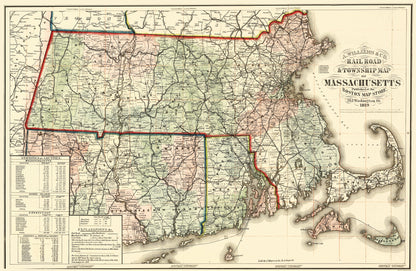 Historic State Map - Massachusetts - William 1879 - 23 x 35.25 - Vintage Wall Art