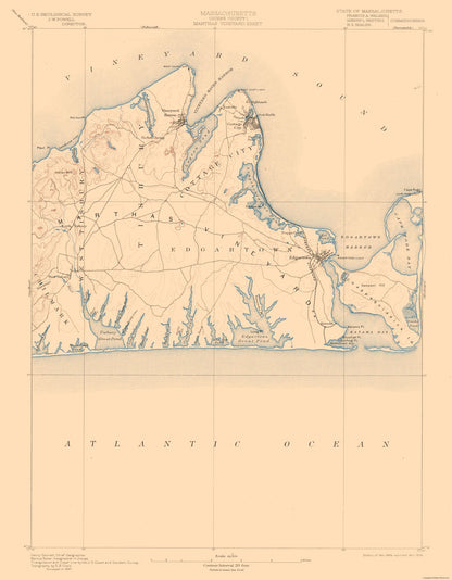 Topographical Map - Massachusetts Marthas Vineyard Sheet - USGS 1894 - 23 x 29.52 - Vintage Wall Art