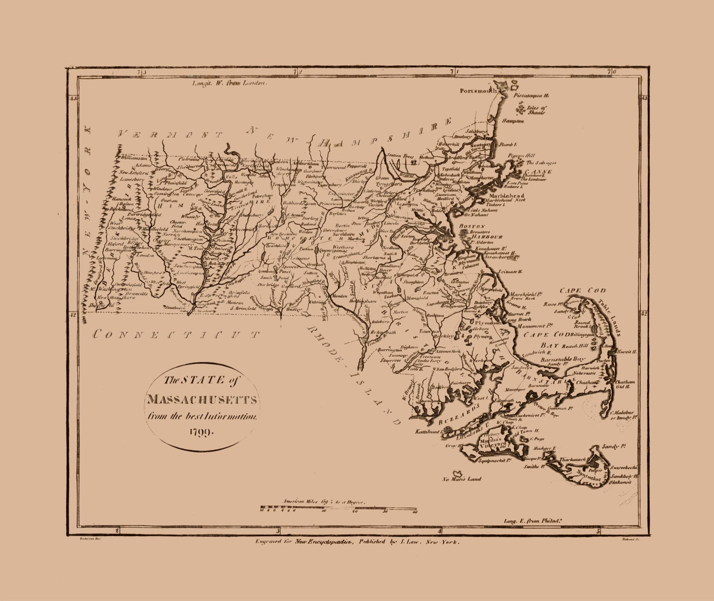 Historic State Map - Massachusetts - Low 1799 - 27.33 x 23 - Vintage Wall Art