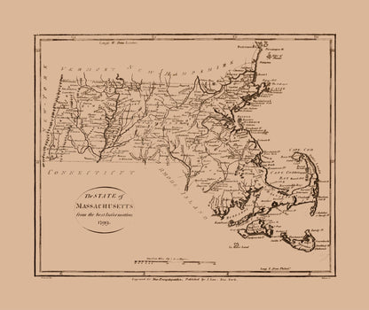 Historic State Map - Massachusetts - Low 1799 - 27.33 x 23 - Vintage Wall Art