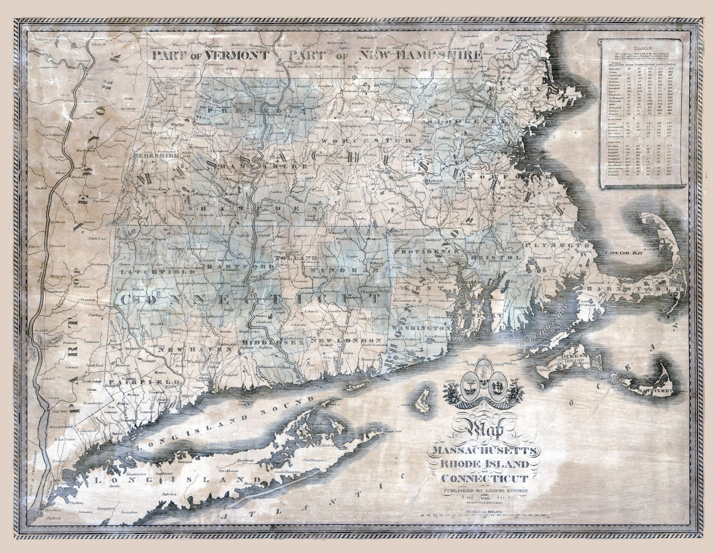 Historic State Map - Massachusetts Rhode Island Connecticut - Bingham 1840 - 29.74 x 23 - Vintage Wall Art