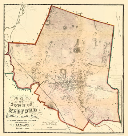 Historic City Map - Medford Massachusetts County - Walling 1855 - 23 x 24.39 - Vintage Wall Art