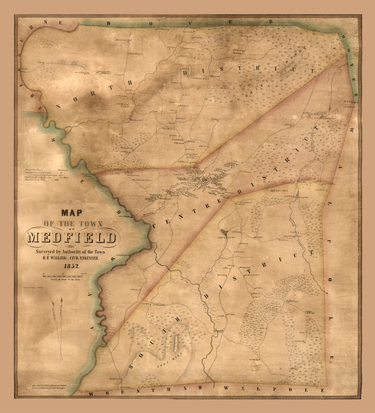 Historic City Map - Medfield Massachusetts - Walling 1852 - 23 xv 25.35 - Vintage Wall Art