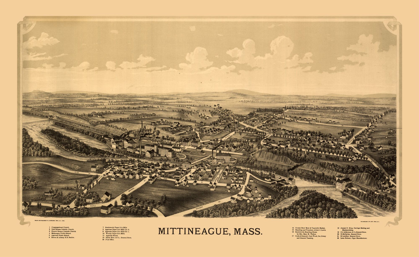 Historic Panoramic View - Mittineague Massachusetts - Burleigh 1889 - 37.52 x 23 - Vintage Wall Art