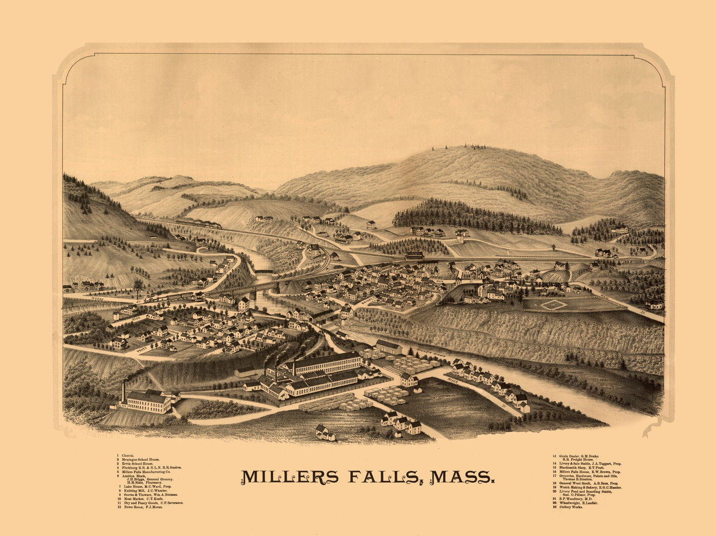 Historic Panoramic View - Millers Falls Massachusetts - 1880 - 30.71 x 23 - Vintage Wall Art