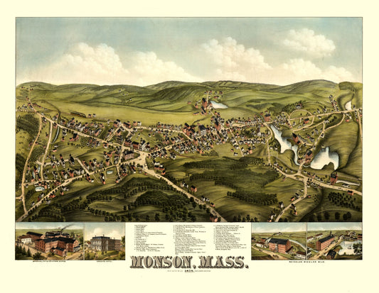 Historic Panoramic View - Monson Massachusetts - Bailey 1879 - 29.72 x 23 - Vintage Wall Art