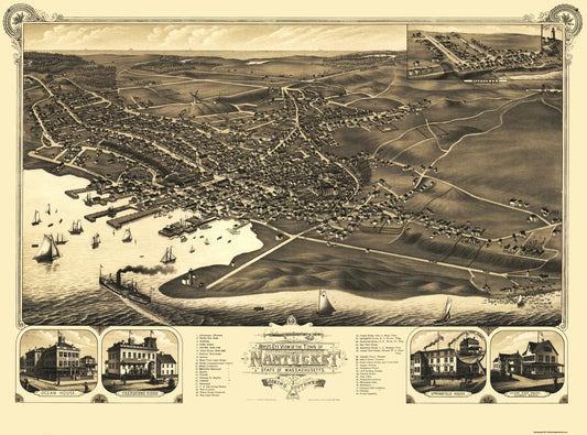 Historic Panoramic View - Nantucket Massachusetts - Stoner 1881 - 31 x 23 - Vintage Wall Art