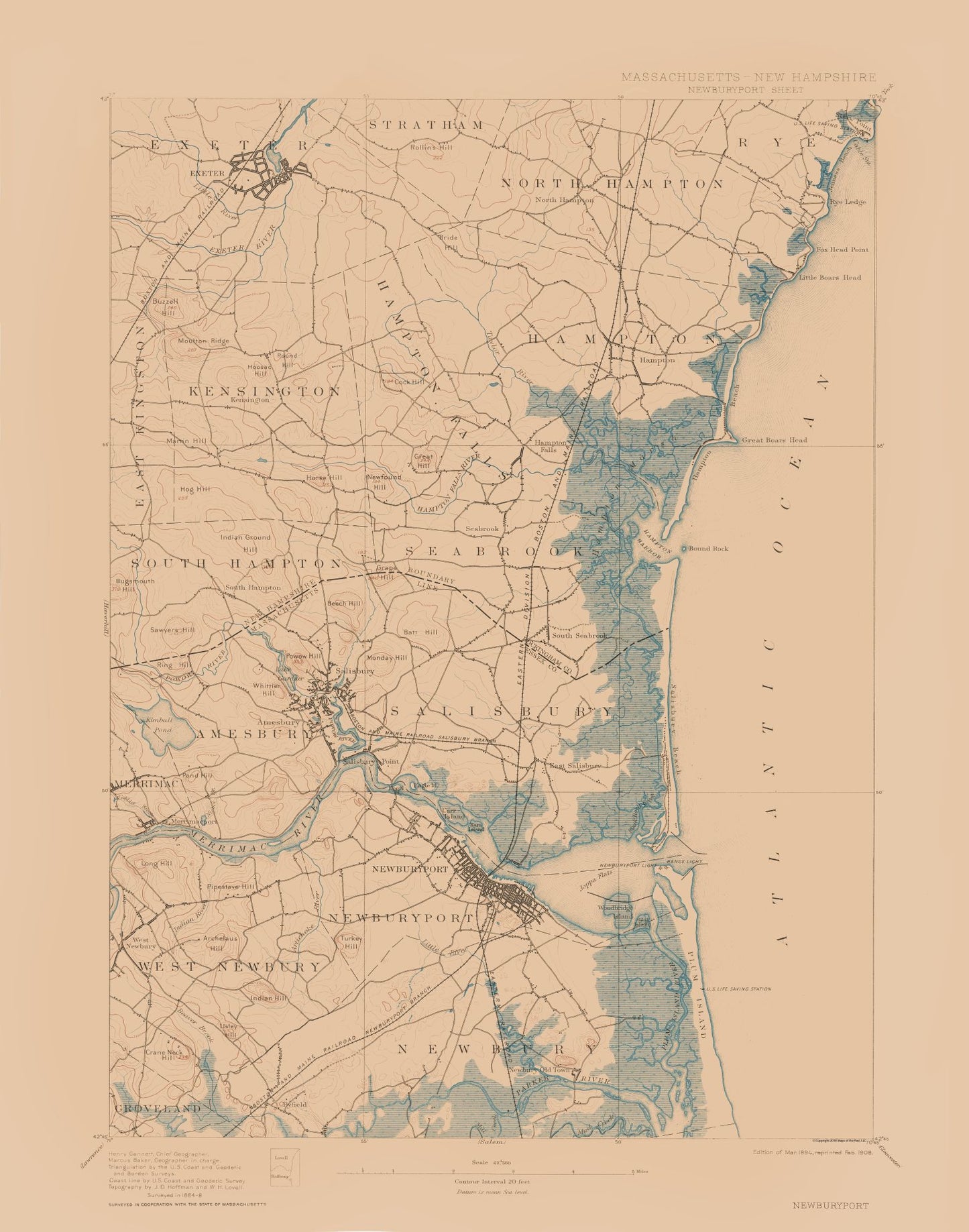 Topographical Map - Newburyport Massachusetts Sheet - USGS 1894 - 23 x 29.24 - Vintage Wall Art