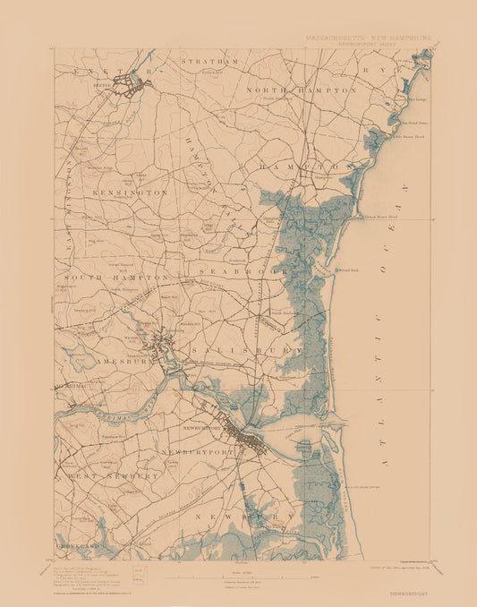 Topographical Map - Newburyport Massachusetts Sheet - USGS 1894 - 23 x 29.24 - Vintage Wall Art