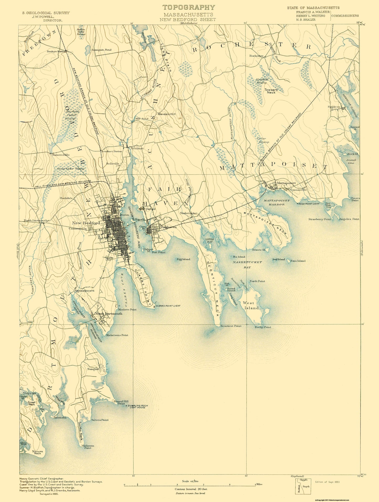 Topographical Map - New Bedford Massachusetts Sheet - USGS 1893 - 23 x 30.5 - Vintage Wall Art