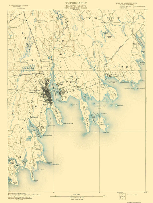 Topographical Map - New Bedford Massachusetts Sheet - USGS 1893 - 23 x 30.5 - Vintage Wall Art