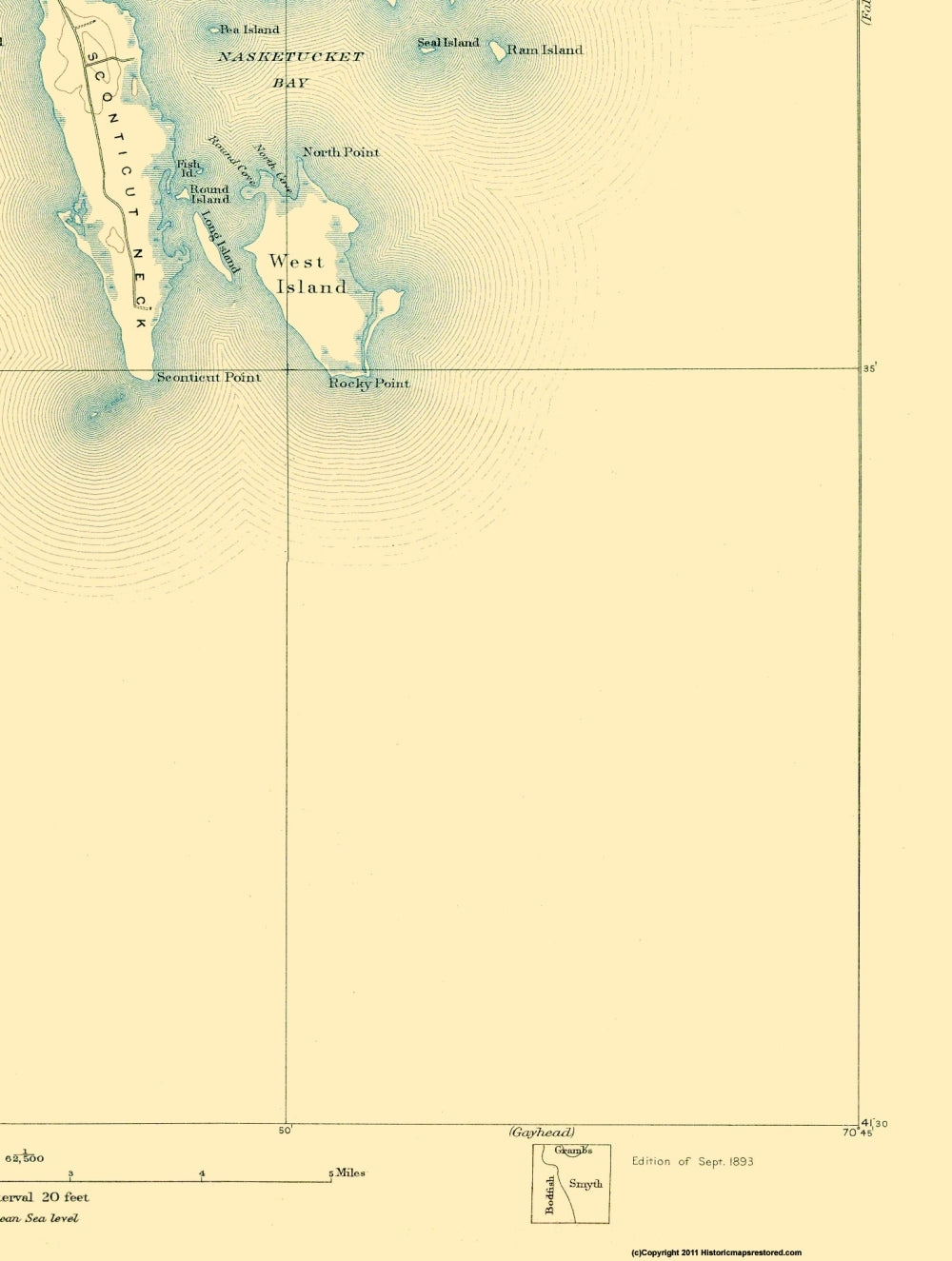 Topographical Map - New Bedford Massachusetts Sheet - USGS 1893 - 23 x 30.5 - Vintage Wall Art