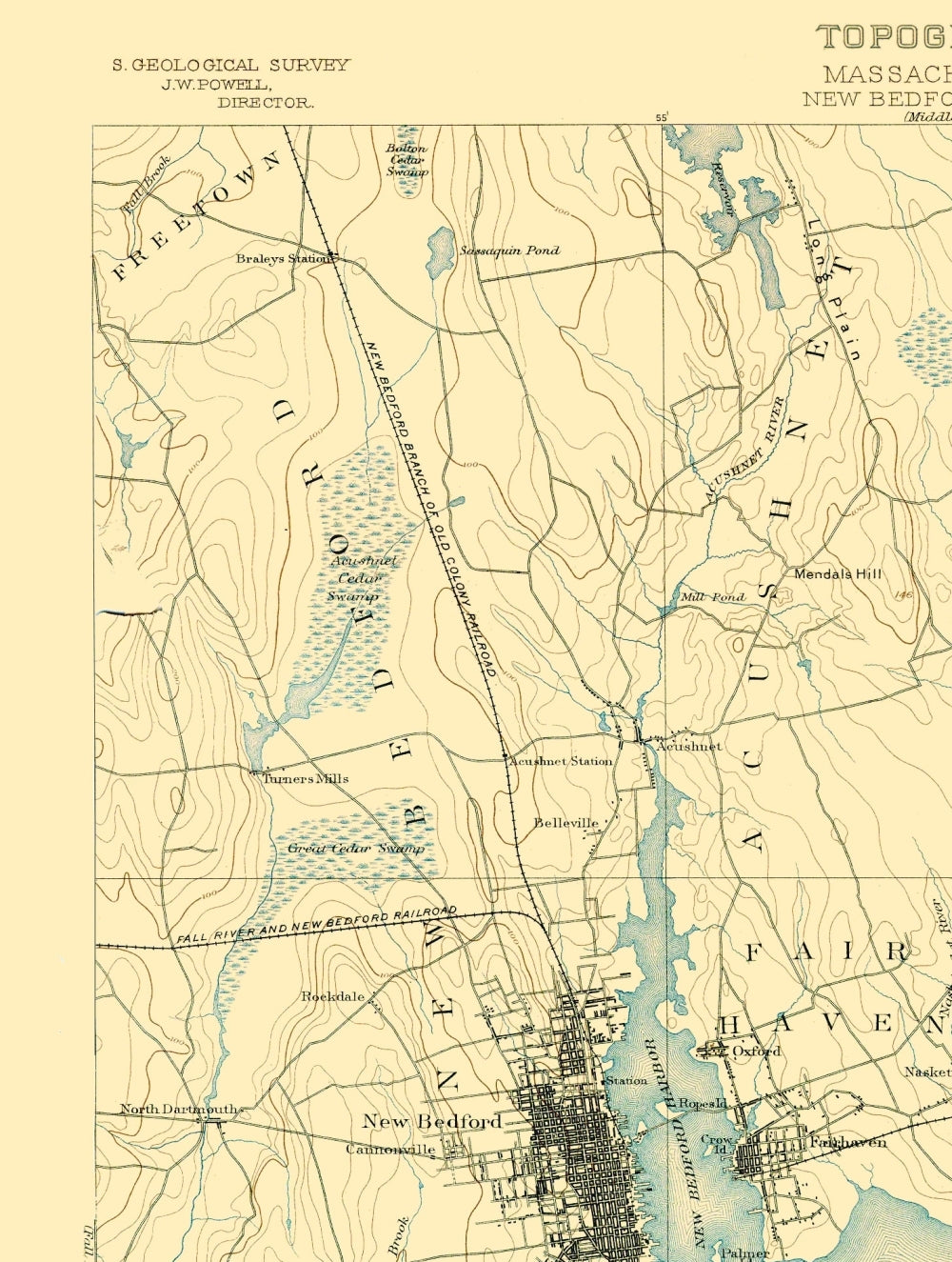 Topographical Map - New Bedford Massachusetts Sheet - USGS 1893 - 23 x 30.5 - Vintage Wall Art