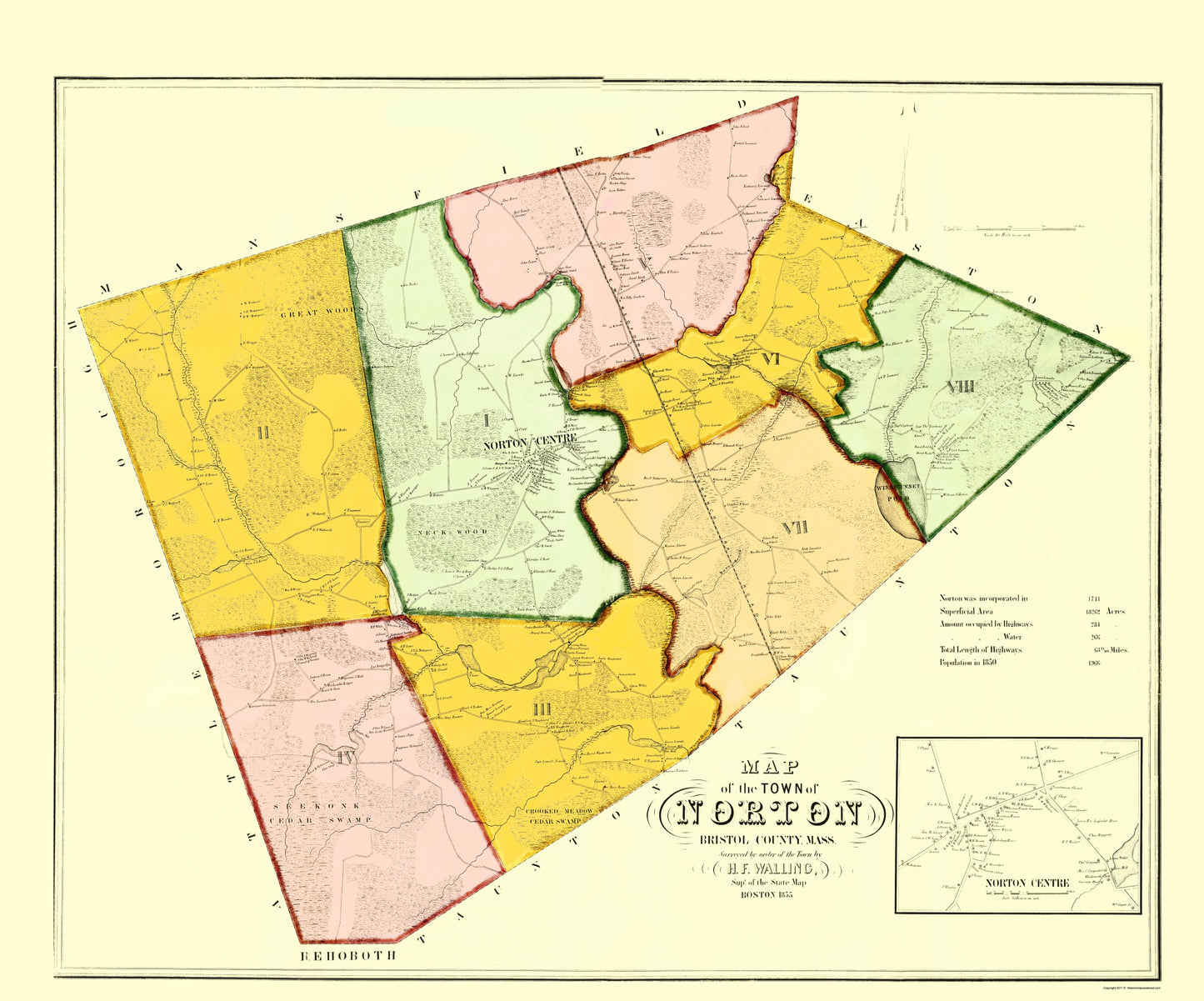 Historic City Map - Norton Massachusetts - Walling 1855 - 23 x 27.68 - Vintage Wall Art