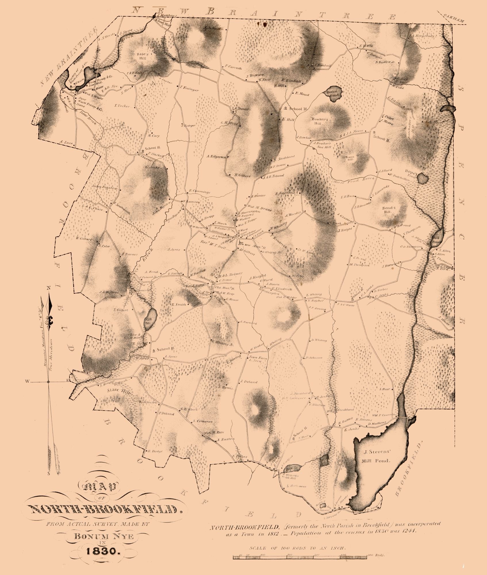 Historic City Map - North Brookfield Massachusetts - Nye 1830 - 23 x 2 ...