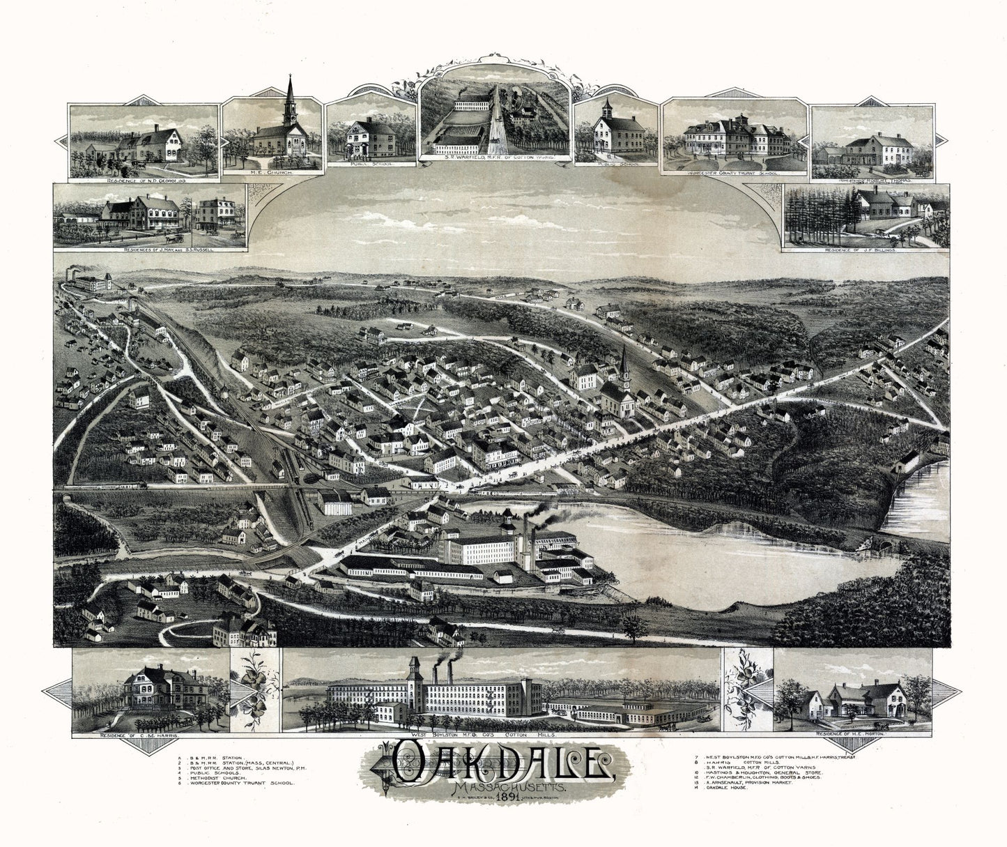 Historic Panoramic View - Oakdale Massachusetts - Bailey 1891 - 27.35 x 23 - Vintage Wall Art