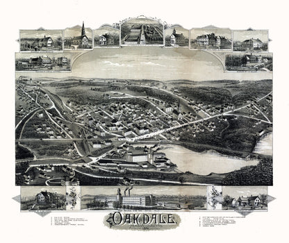 Historic Panoramic View - Oakdale Massachusetts - Bailey 1891 - 27.35 x 23 - Vintage Wall Art