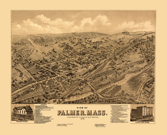 Historic Panoramic View - Palmer Massachusetts - Bailey 1879 - 28.44 x 23 - Vintage Wall Art