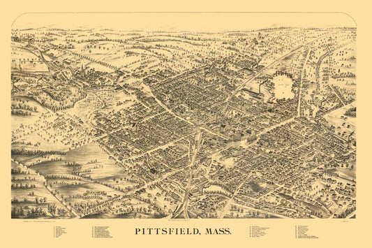 Historic Panoramic View - Pittsfield Massachusetts - Van De Car 1889 - 34.50 x 23 - Vintage Wall Art