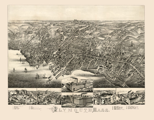 Historic Panoramic View - Plymouth Massachusetts - 1882 - 29.42 x 23 - Vintage Wall Art