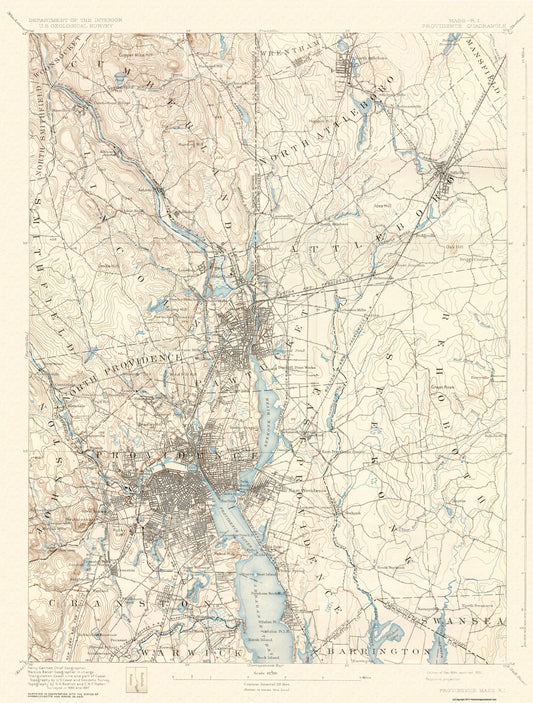 Topographical Map - Providence Massachusetts Quad - USGS 1894 - 23 x 30.34 - Vintage Wall Art