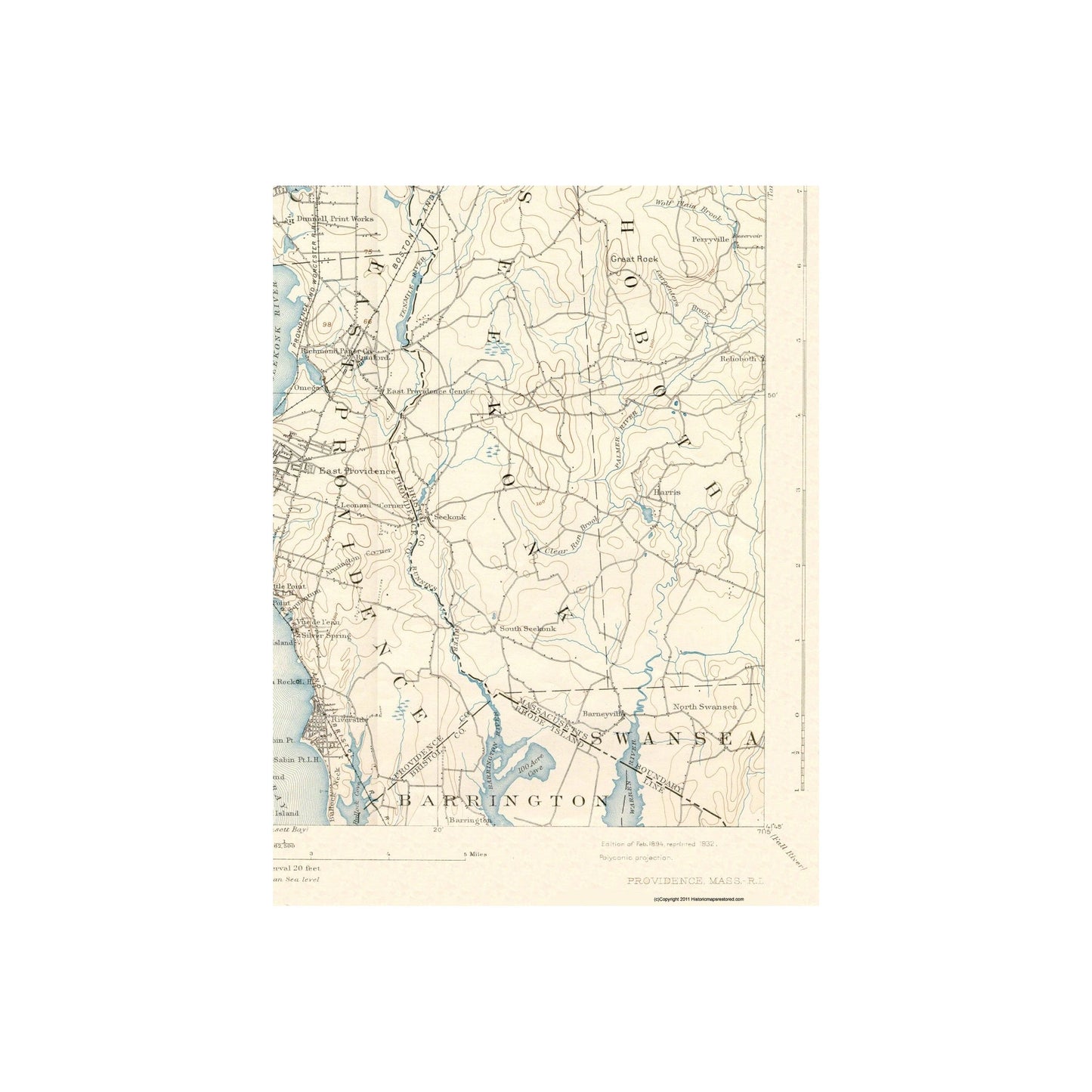 Topographical Map - Providence Massachusetts Quad - USGS 1894 - 23 x 30.34 - Vintage Wall Art