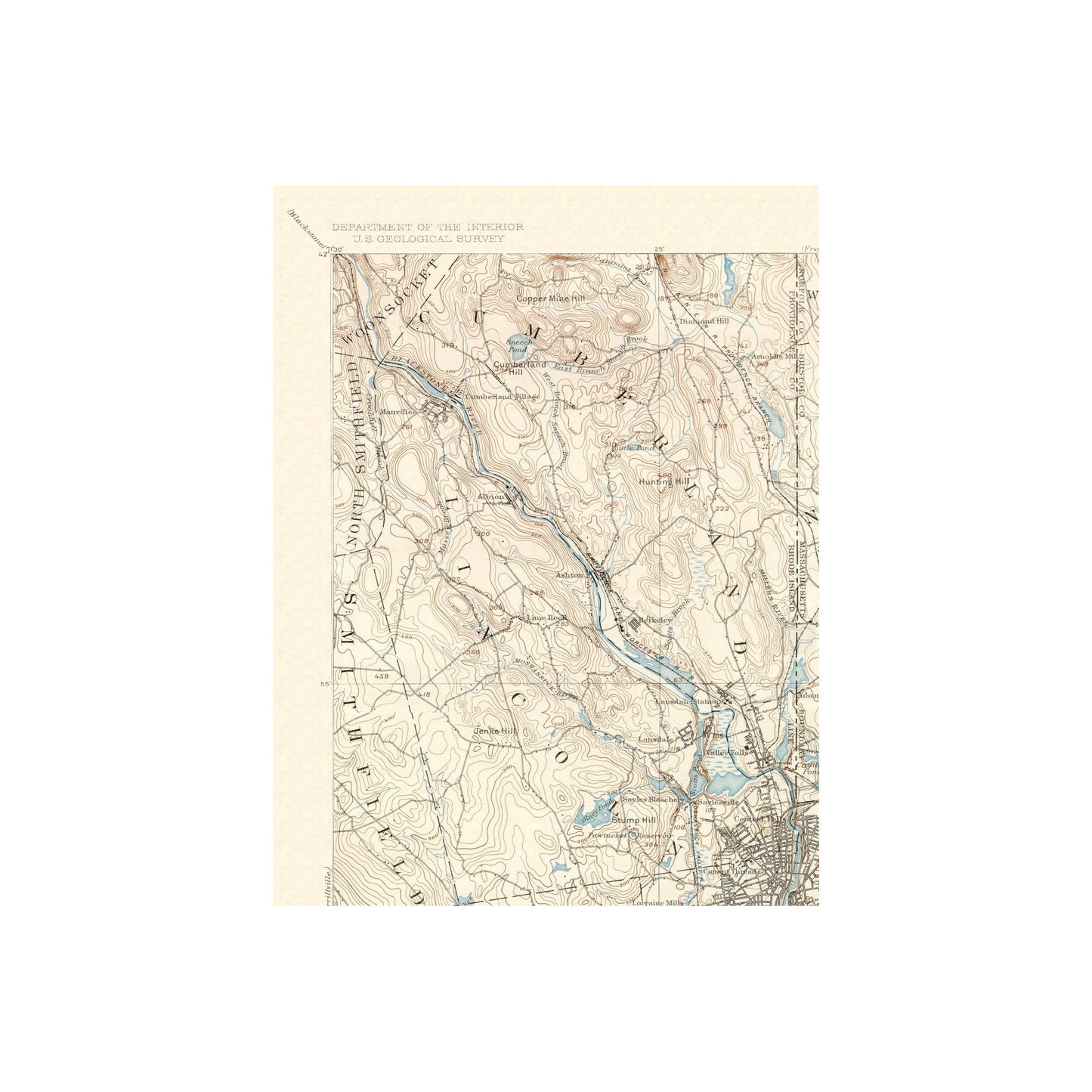 Topographical Map - Providence Massachusetts Quad - USGS 1894 - 23 x 30.34 - Vintage Wall Art