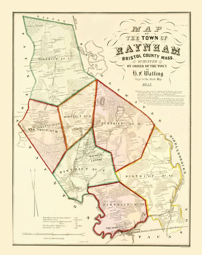 Historic City Map - Raynham Massachusetts - Walling 1855 - 23 x 29.03 - Vintage Wall Art