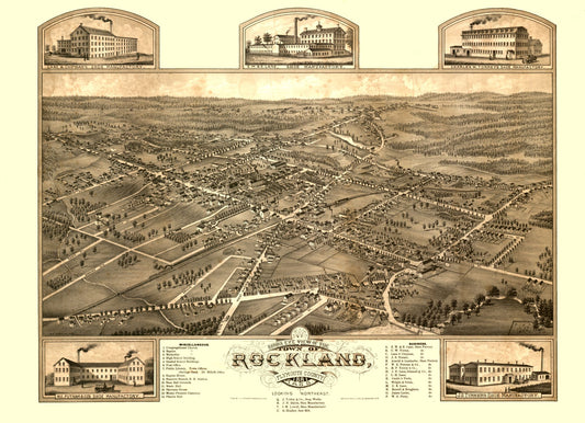 Historic Panoramic View - Rockland Massachusetts - Stoner 1881 - 31.80 x 23 - Vintage Wall Art