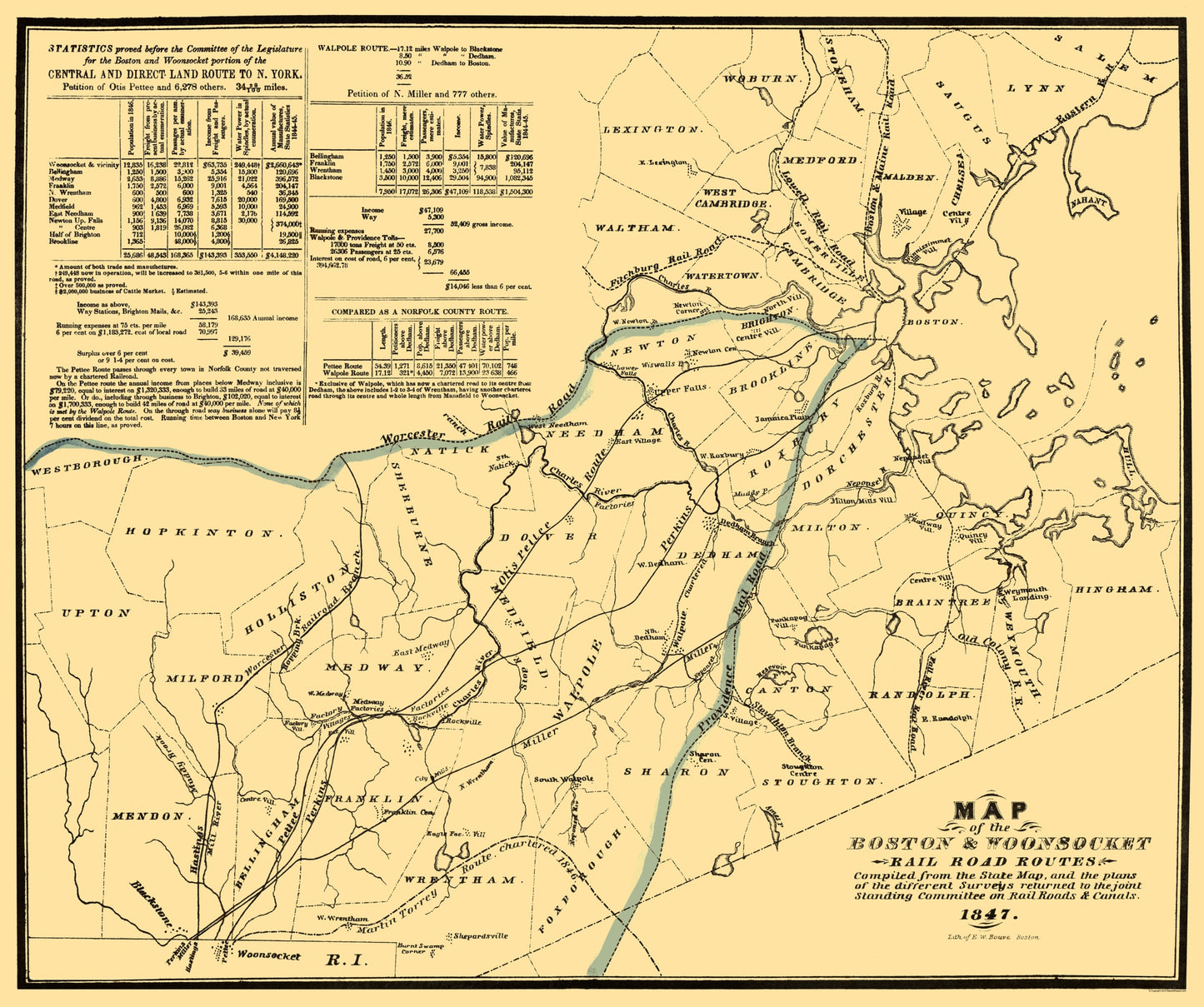 Railroad Map - Boston and Woonsocket Railroad - Bouve 1847 - 23 x 27.49 - Vintage Wall Art