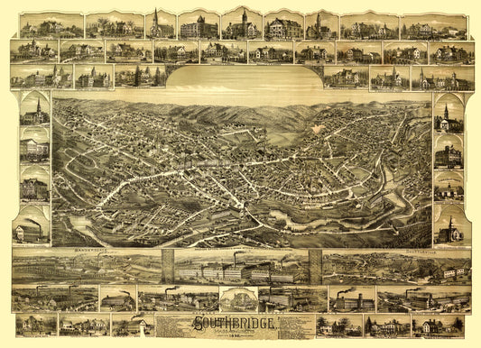 Historic Panoramic View - Southbridge Massachusetts - Bailey 1892 - 31.76 x 23 - Vintage Wall Art