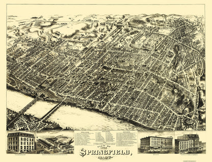 Historic Panoramic View - Springfield Massachusetts - Bailey 1875 - 30 x 23 - Vintage Wall Art