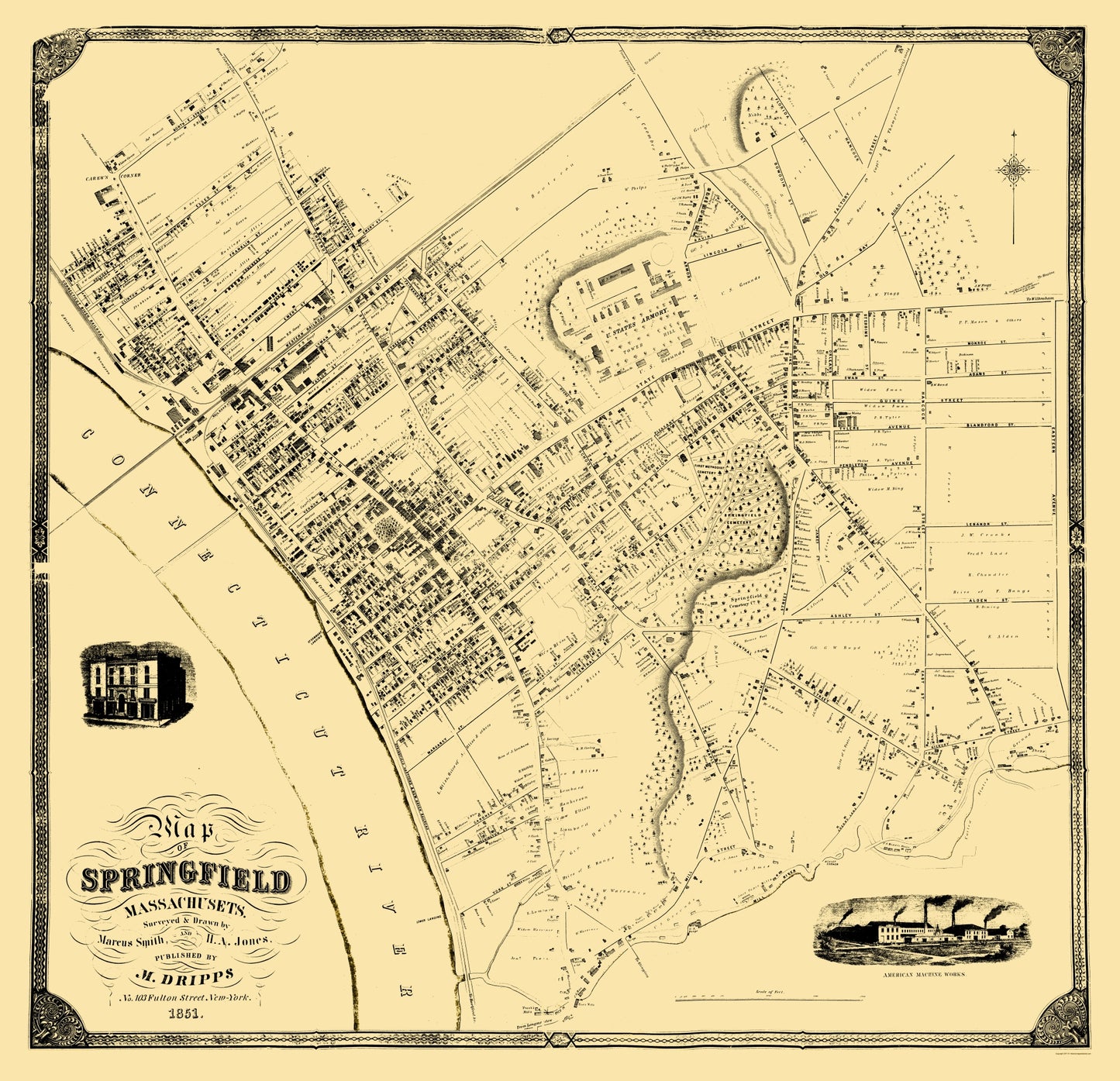 Historic City Map - Springfield Massachusetts County - Dripps 1851 - 23 x 23.83 - Vintage Wall Art