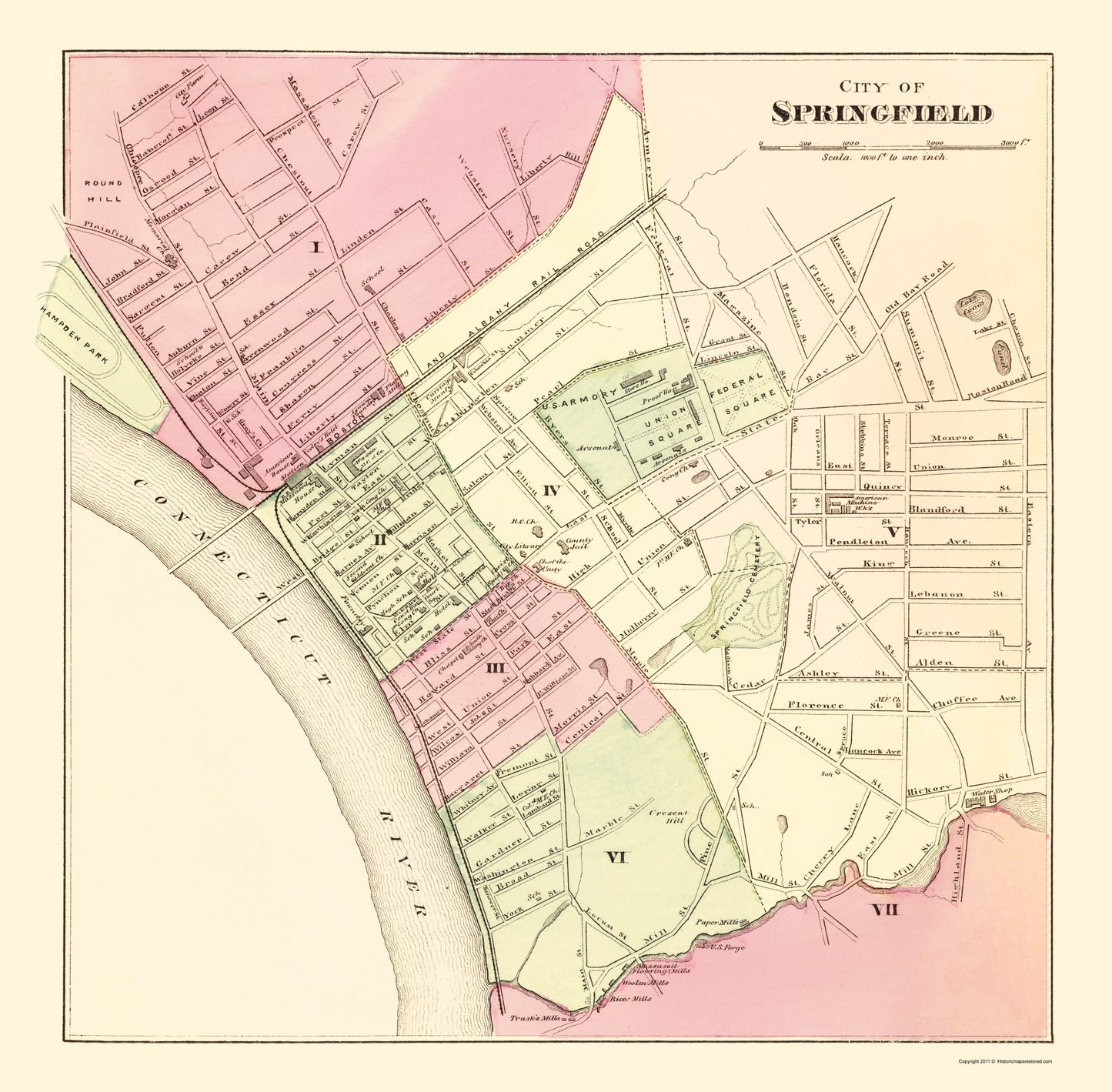 Historic City Map - Springfield Massachusetts - Walling 1871 - 23 x 23.42 - Vintage Wall Art