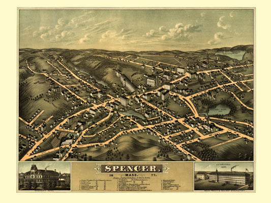 Historic Panoramic View - Spencer Massachusetts - Bailey 1877 - 30.67 x 23 - Vintage Wall Art