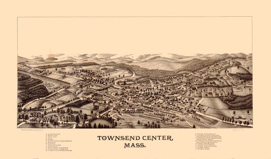 Historic Panoramic View - Townsend Massachusetts - Burleigh 1889 - 39.03 x 23 - Vintage Wall Art