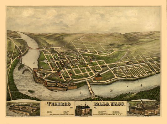 Historic Panoramic View - Turners Falls Massachusetts - Vogt 1877 - 30.76 x 23 - Vintage Wall Art