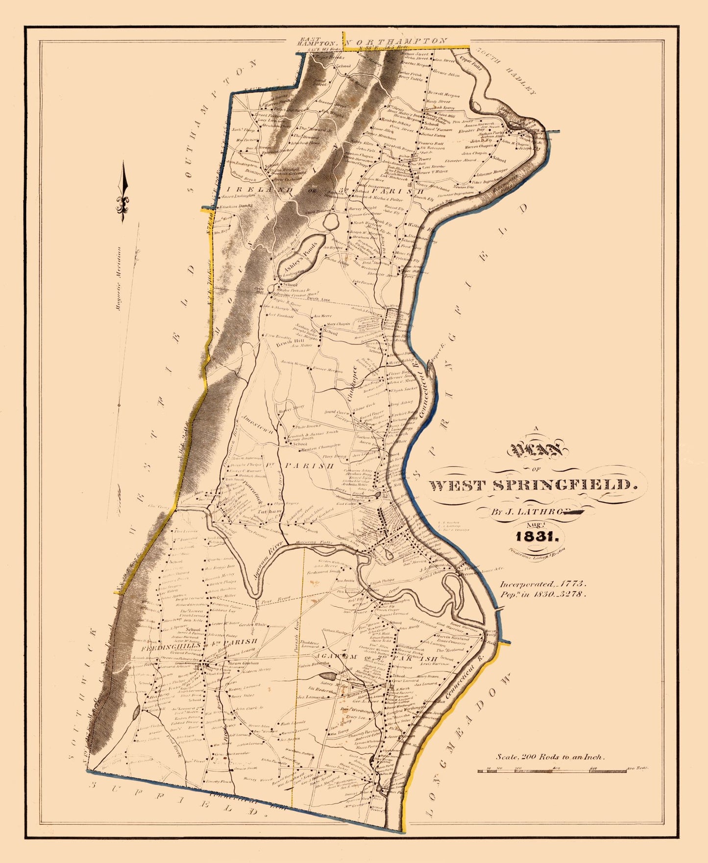 Historic City Map - West Springfield Massachusetts - Lathrop 1831 - 23 x 28.04 - Vintage Wall Art