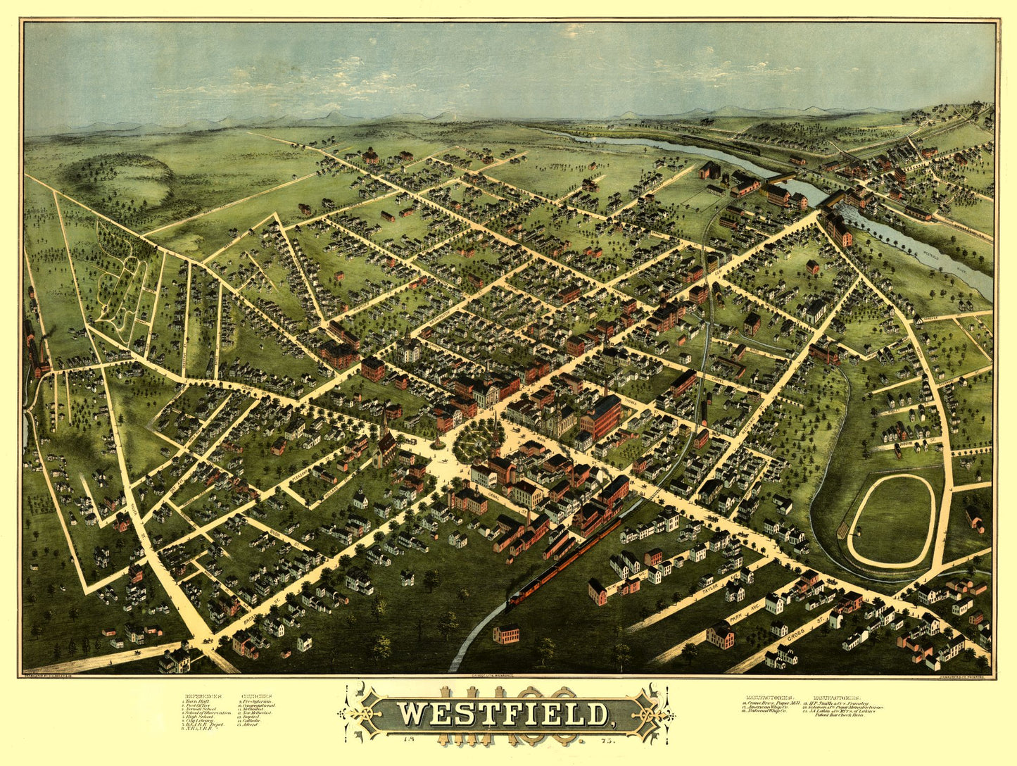 Historic Panoramic View - Westfield Massachusetts - Bailey 1875 - 30.55 x 23 - Vintage Wall Art