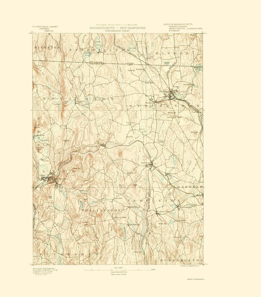 Topographical Map - Winchendon Massachusetts Sheet - USGS 1890 - 23 x 26.14 - Vintage Wall Art