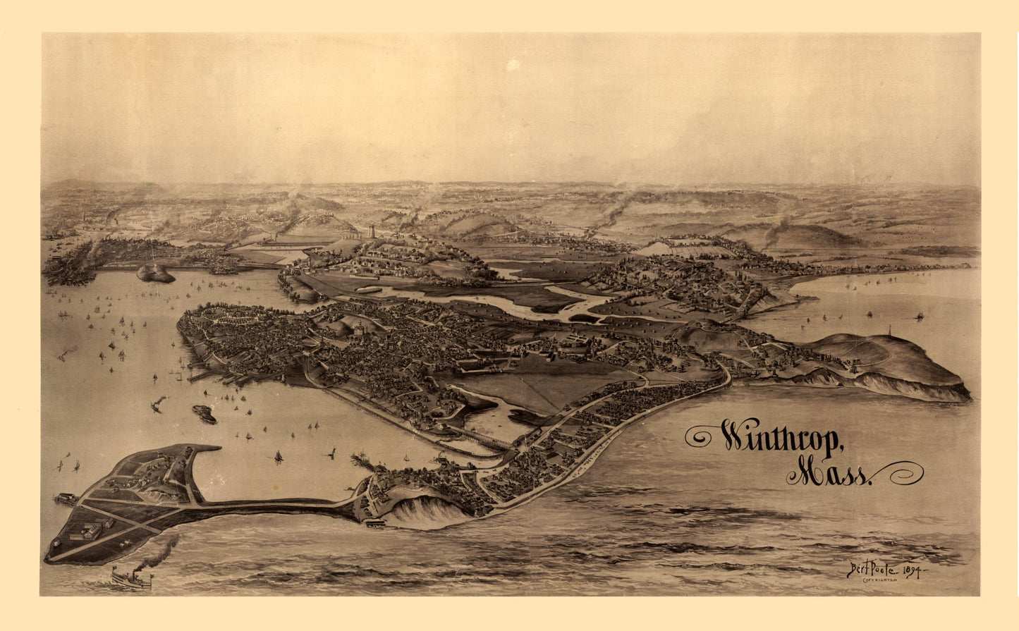 Historic Panoramic View - Winthrop Massachusetts - Poole 1894 - 37.14 x 23 - Vintage Wall Art