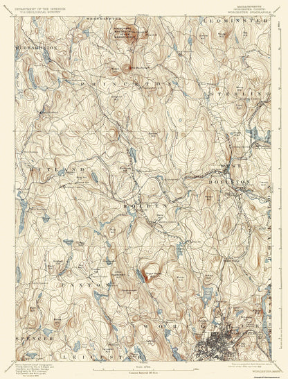 Topographical Map - Worcester Massachusetts Quad - USGS 1892 - 23 x 30.21 - Vintage Wall Art