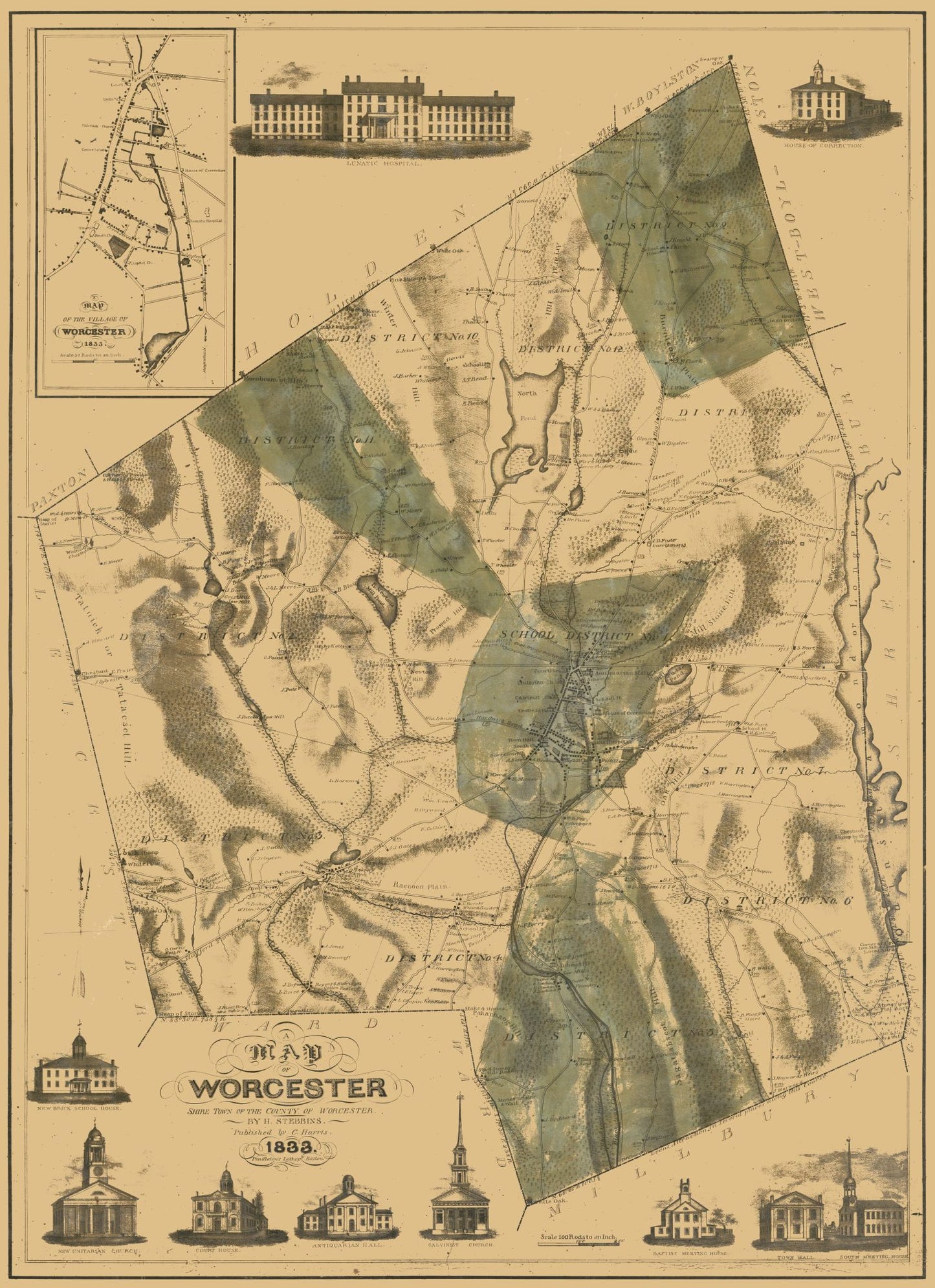 Historic County Map - Worcester County Massachusetts - Stebbins 1833 - 23 x 31.67 - Vintage Wall Art