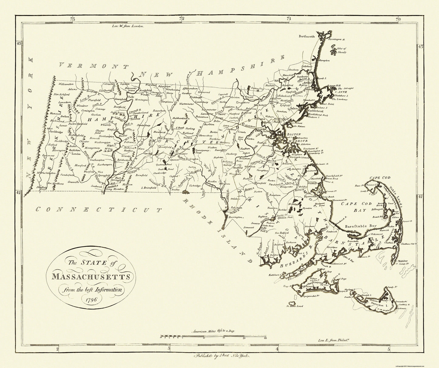 Historic State Map - Massachusetts - Reid 1796 - 27.44 x 23 - Vintage Wall Art