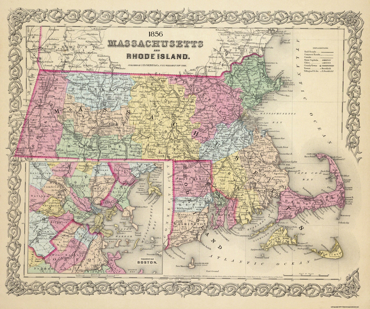 Historic State Map - Massachusetts - Colton 1856 - 27.5 x 23 - Vintage Wall Art